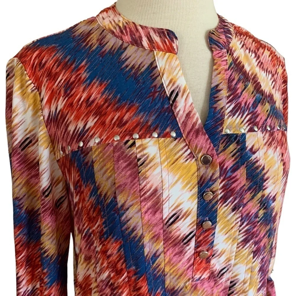 COCOMO XL Red Blue Yellow 3/4 sleeve women’s Pintuck Blouse top shirt tu…